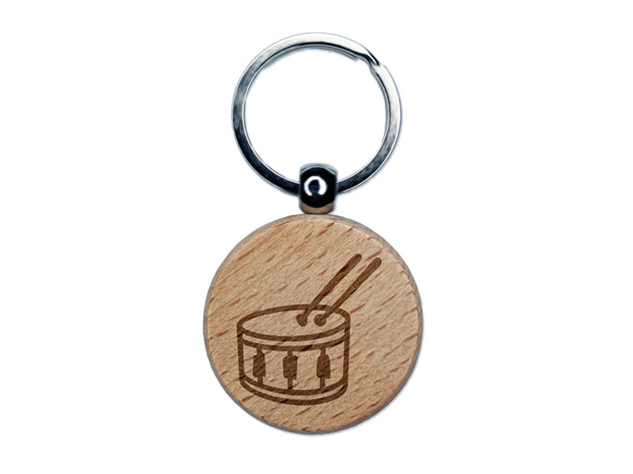 Drum with Sticks Music Instrument Doodle Engraved Wood Round Keychain Tag Charm
